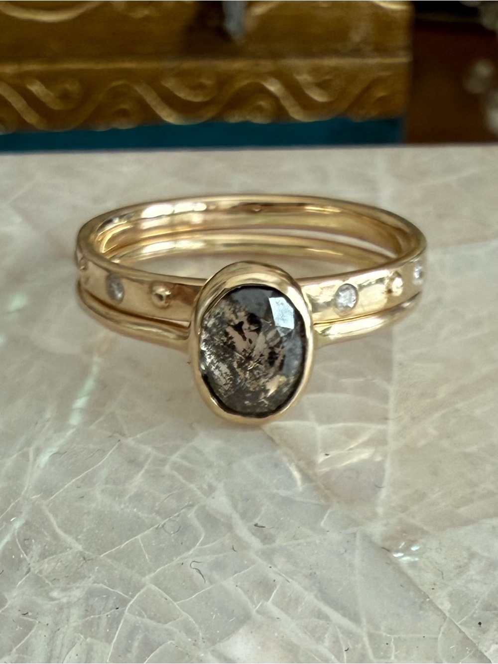 Lina Shatara 1ct salt & pepper diamond ring + band 14k yellow gold sz 6.5-7